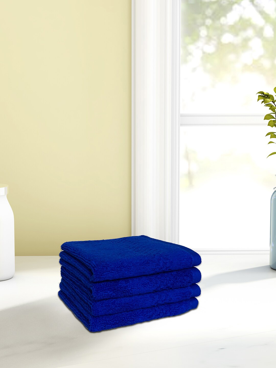 

SPACES Unisex Set Of 4 Solid 450 GSM Pure Cotton Face Towels, Blue