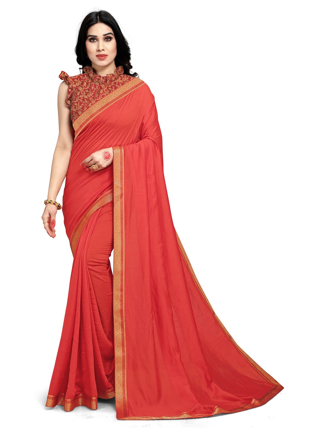 

Mirchi Fashion Red & Gold-Toned Saree