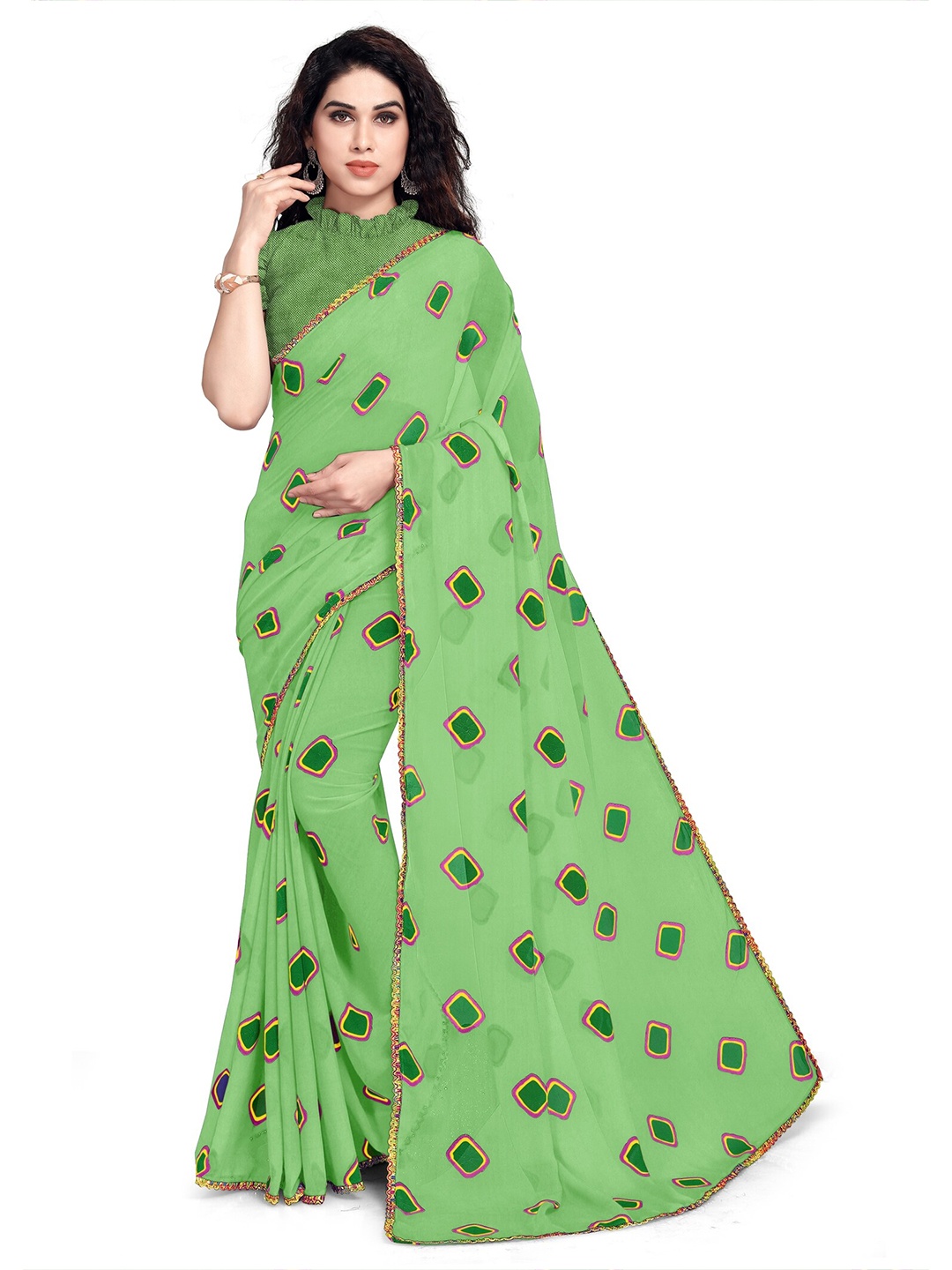 

KALINI Green Bandhani Saree