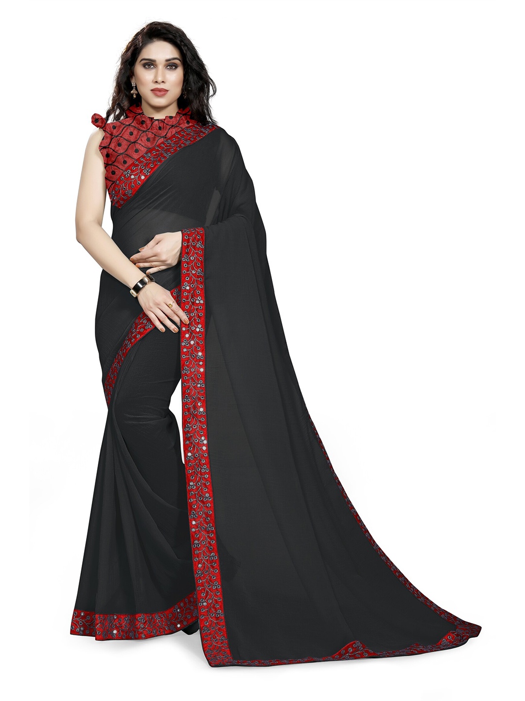 

MIRCHI FASHION Black & Red Saree