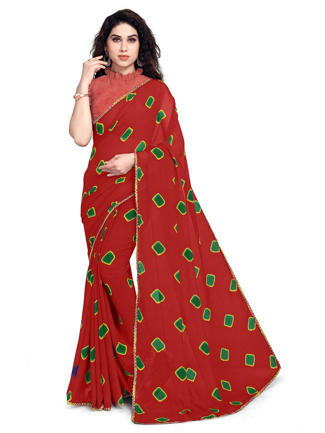 

KALINI Red & Green Bandhani Saree