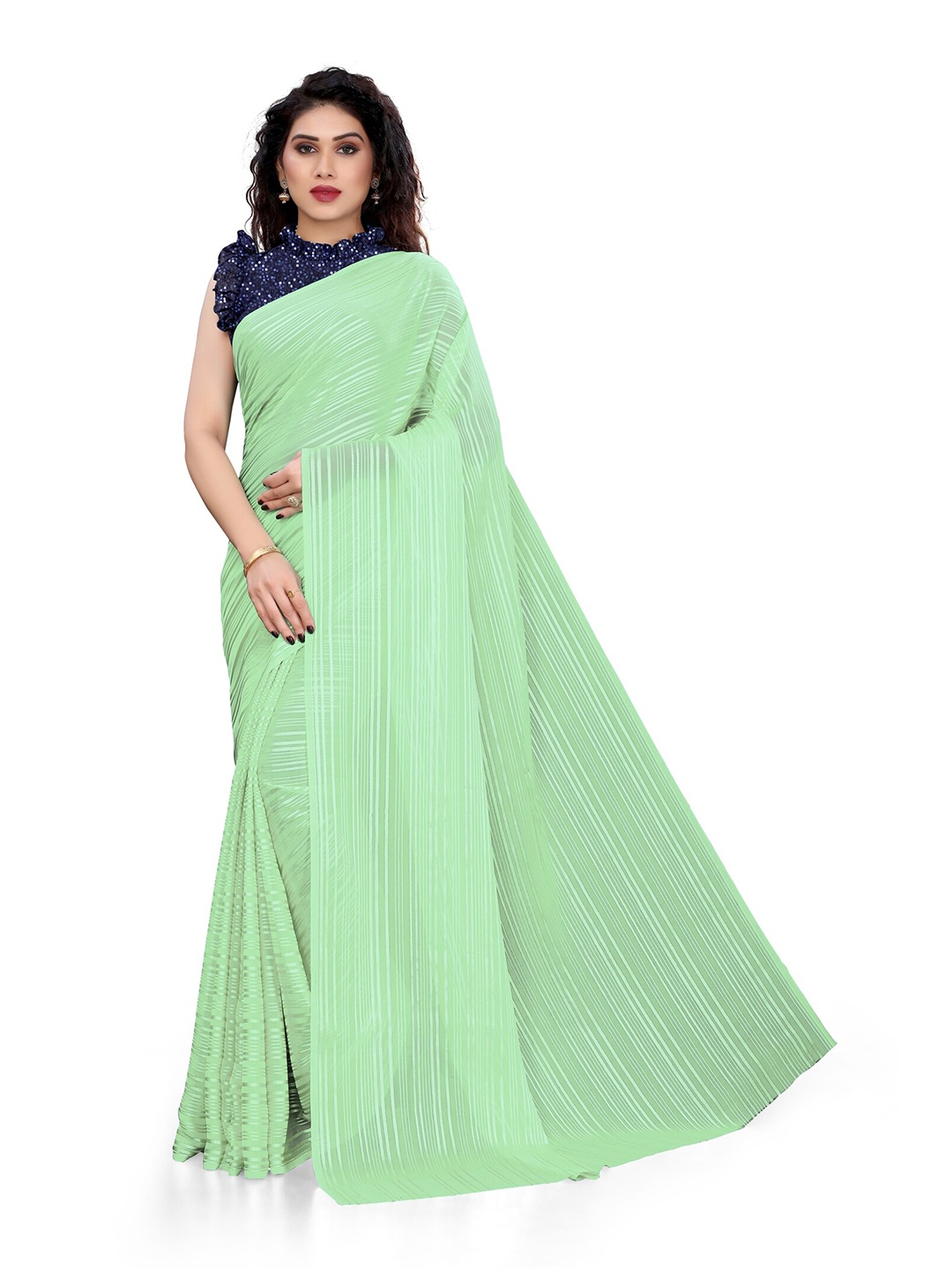 

KALINI Green Striped Sequinned Saree