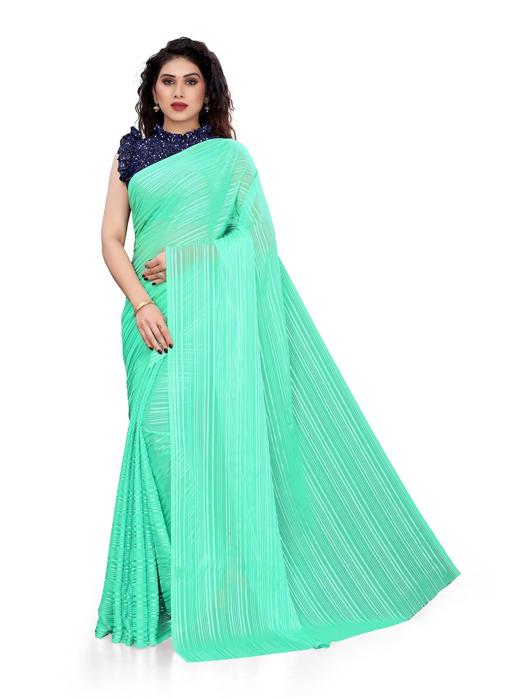 

KALINI Teal Green Striped Sequinned Saree