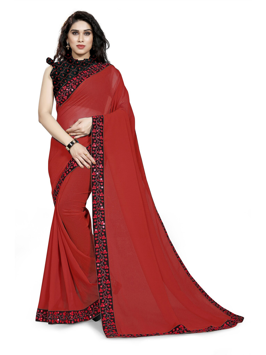 

MIRCHI FASHION Red & Black Saree