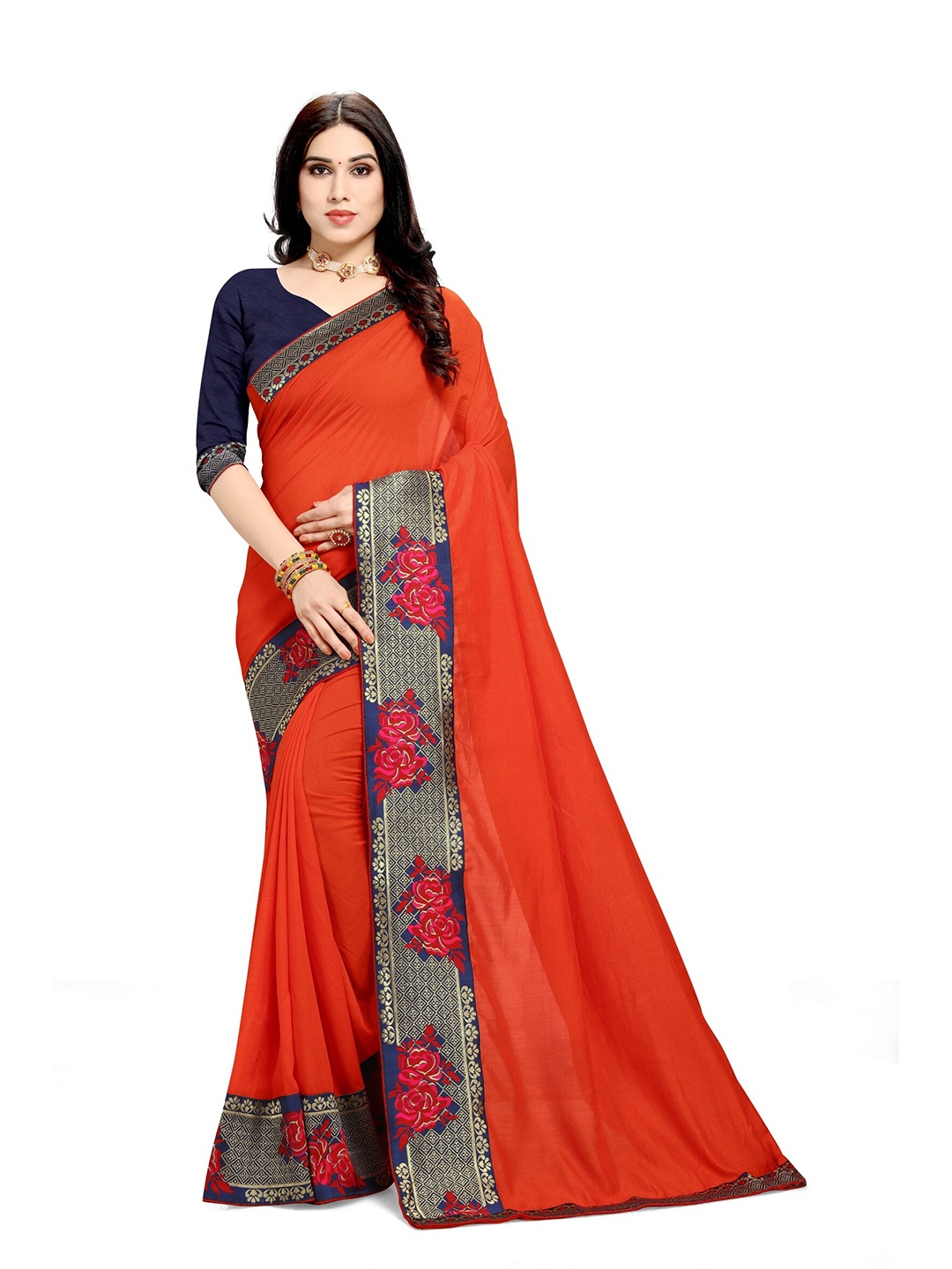 

MIRCHI FASHION Orange & Navy Blue Saree