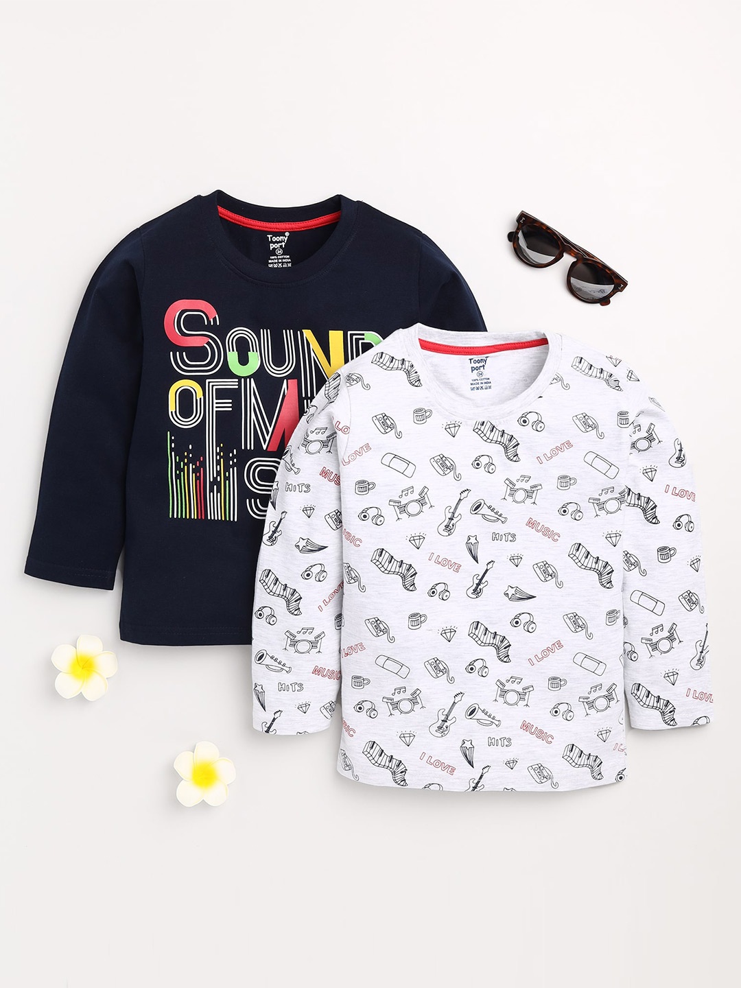 

Toonyport Boys White & Navy Blue 2 Printed Cotton T-shirts