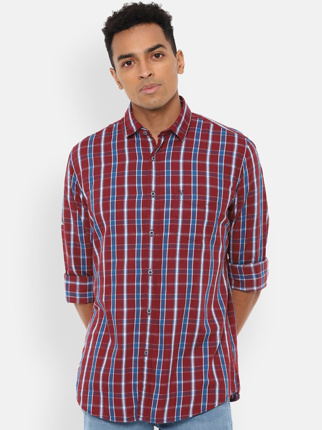 

VAN HEUSEN DENIM LABS Men Maroon Slim Fit Tartan Checks Opaque Checked Casual Shirt