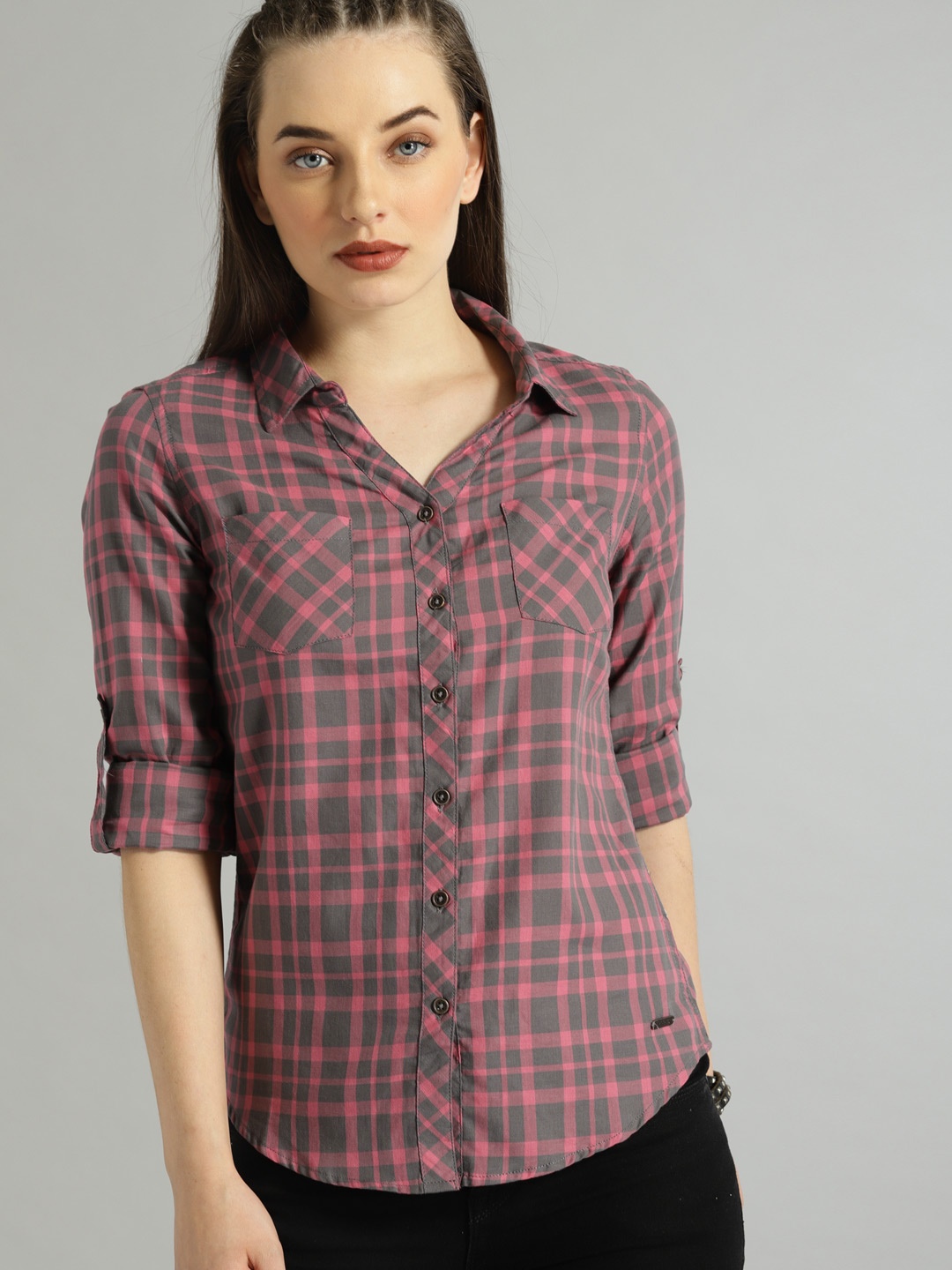 

Roadster Women Charcoal & Pink Slim Fit Checked Casual Shirt
