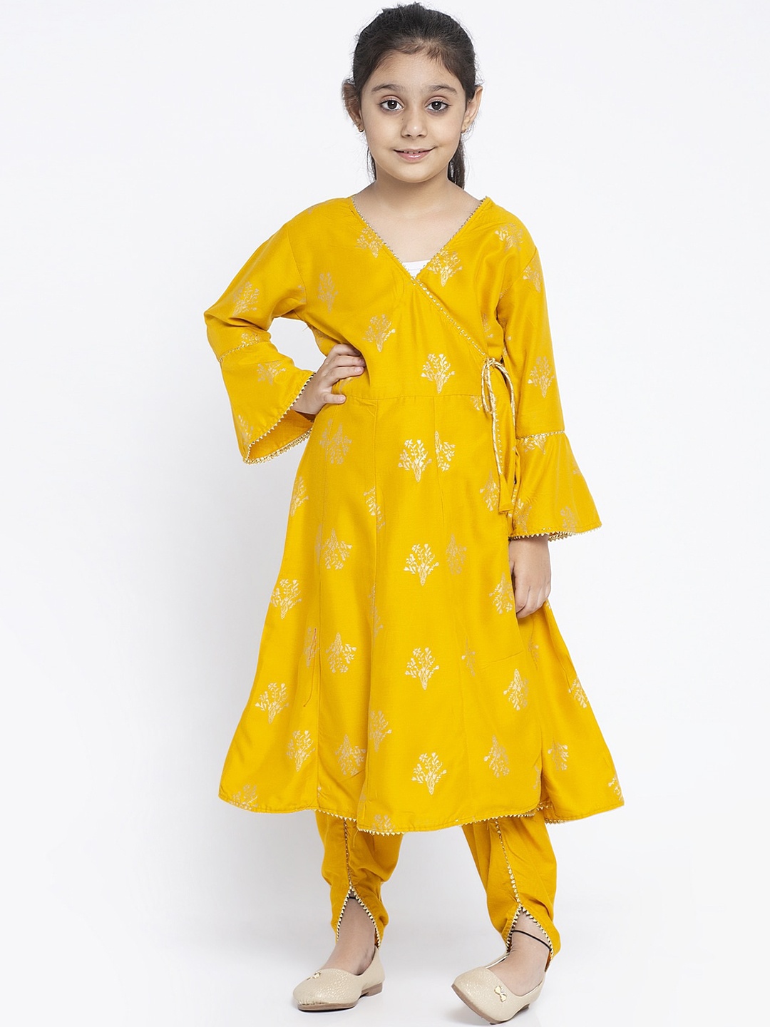 

KYDZI Girls Mustard Yellow Ethnic Motifs Printed Angrakha Kurti with Dhoti Pants