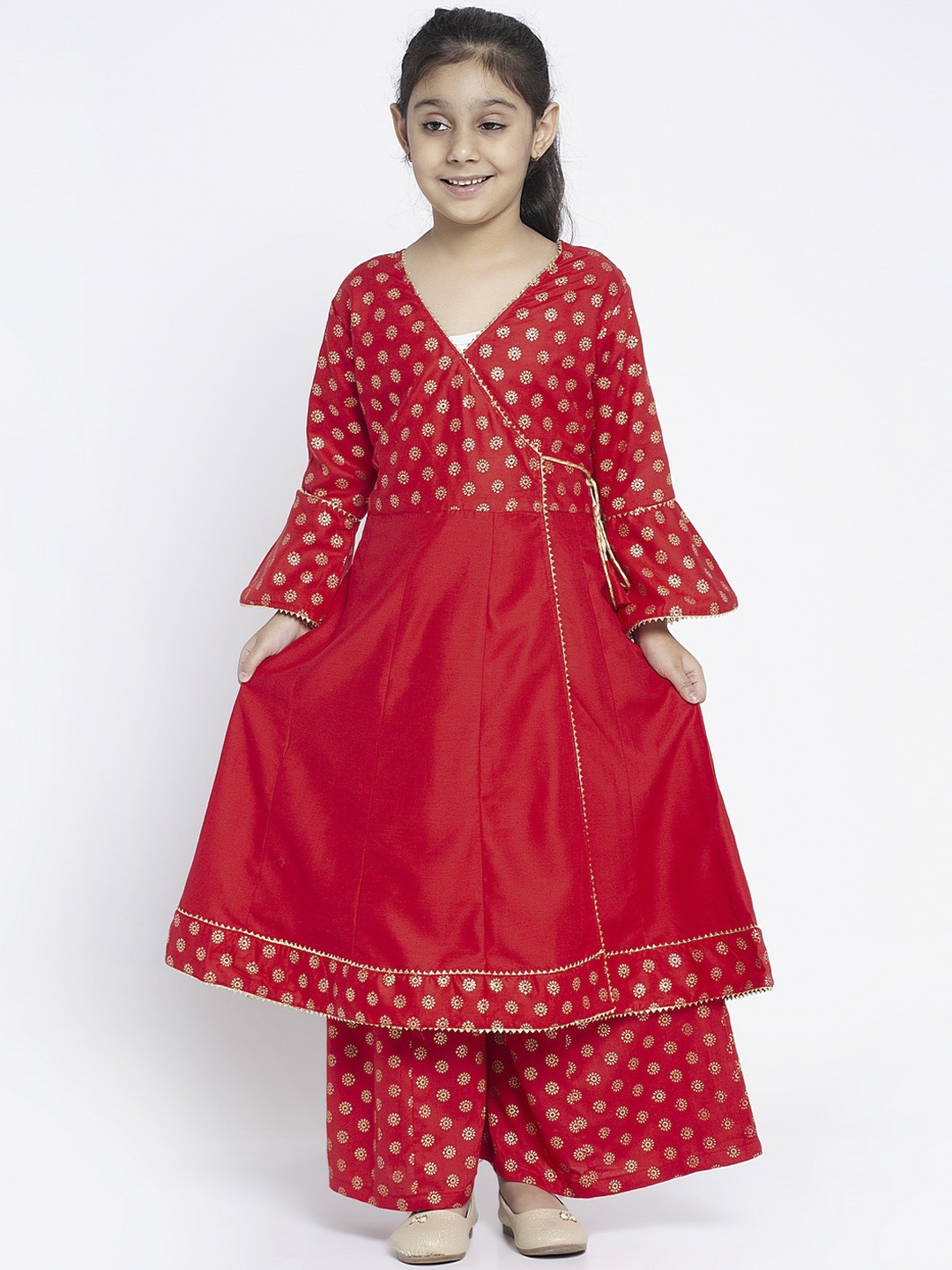

KYDZI Girls Red Printed Angrakha Kurti with Palazzos