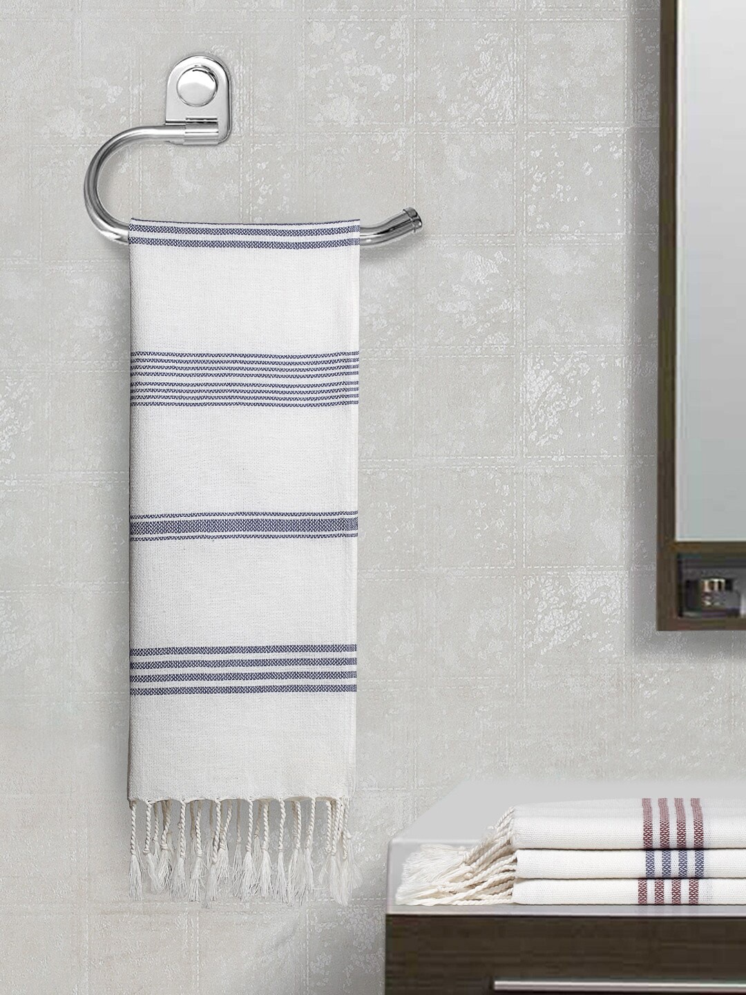 

Arrabi Set Of 4 Off-White Striped Handwoven Cotton 210 GSM Hand Towels