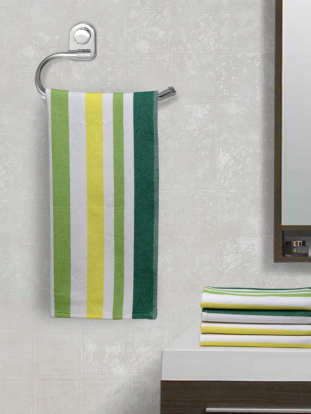 

Arrabi Set Of 4 Yellow & Green Stiped Cotton 210 GSM Hand Towels