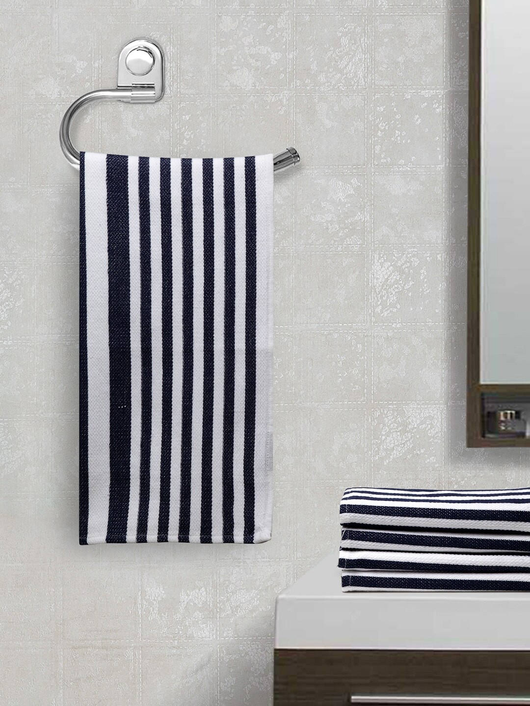 

Arrabi Set Of 5 Navy Blue & White Striped Hand-Woven 210 GSM Cotton Hand Towels