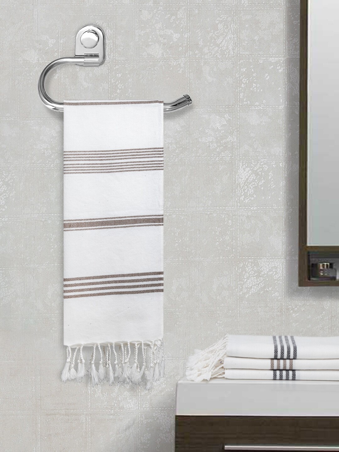 

Arrabi Unisex Set Of 4 Striped 210 GSM Hand Towels, White