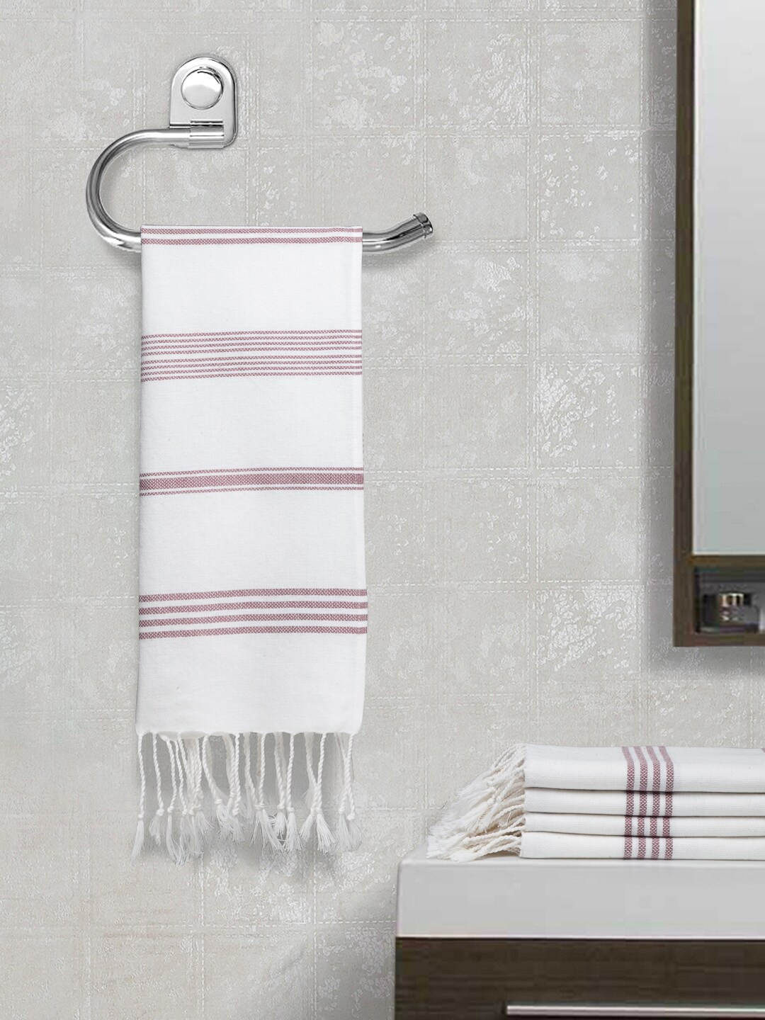 

Arrabi Set Of 5 Red & White Striped Hand-Woven 210 GSM Cotton Hand Towels