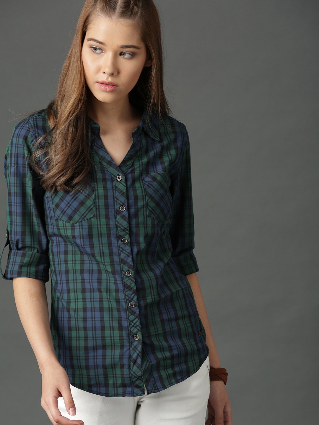 

Roadster Women Green & Navy Slim Fit Checked Casual Shirt