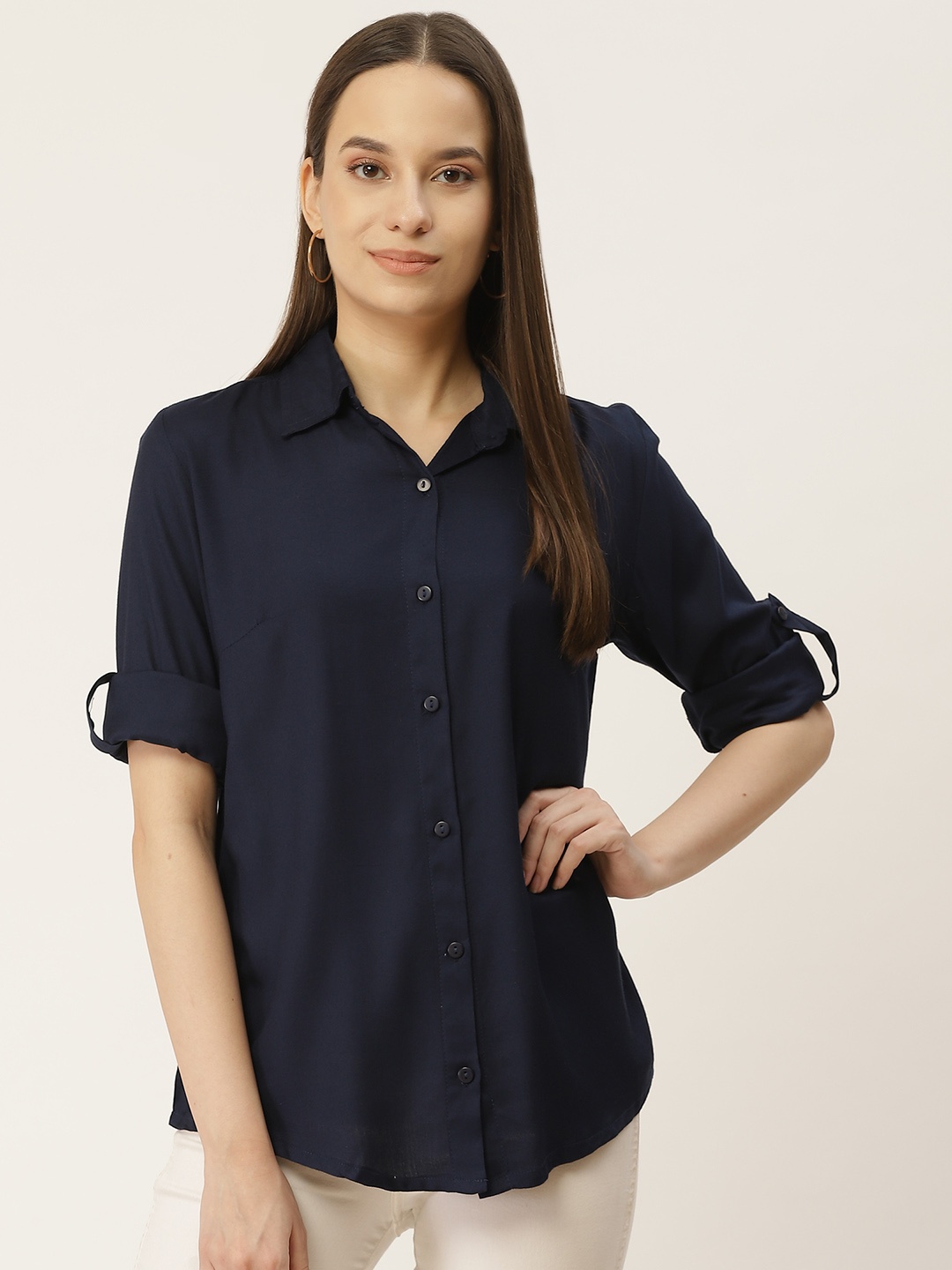 

urSense Women Navy Blue Opaque Casual Shirt