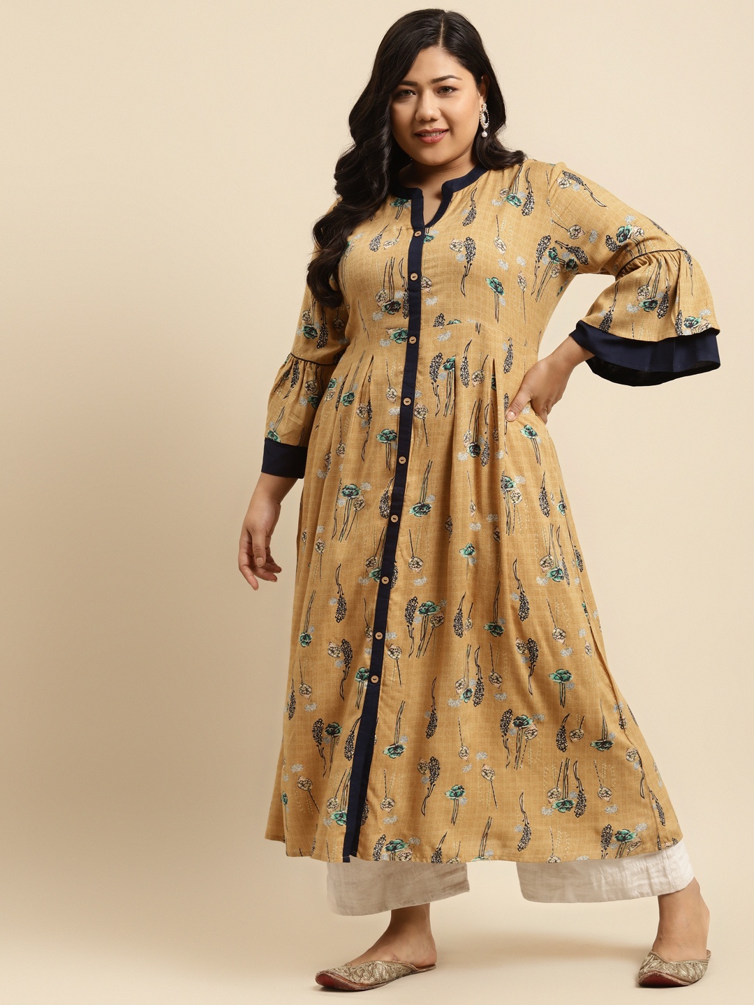 

RANGMAYEE Women Mustard Yellow Floral Printed Bell Sleeves Liva A-Line Kurta