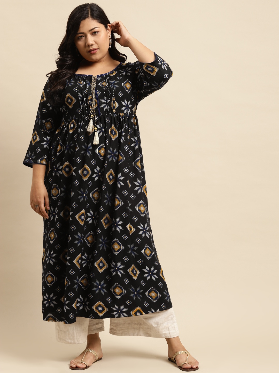 

RANGMAYEE Women Black & Yellow Printed Thread Work Tiering Liva Anarkali Kurta