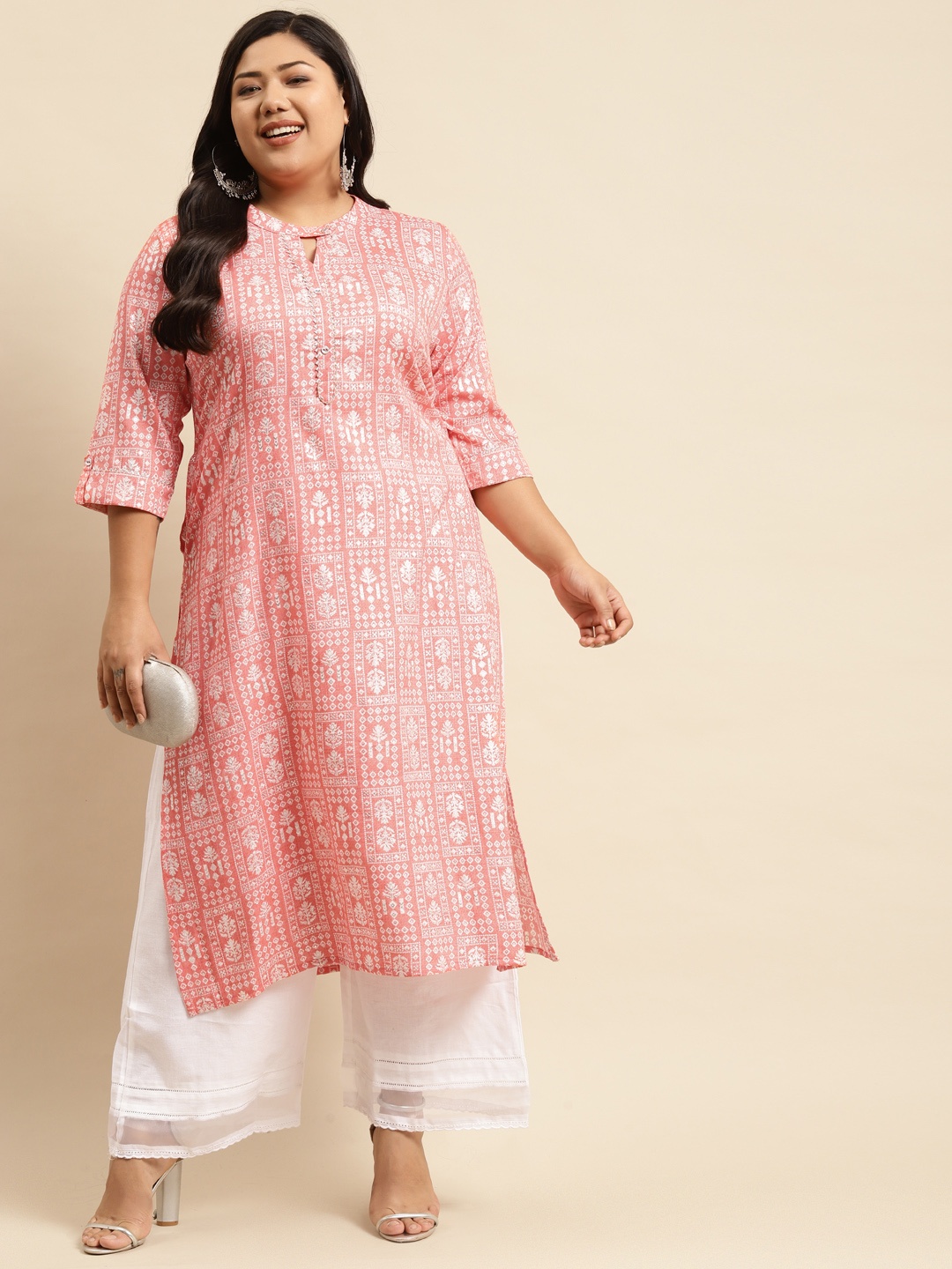 

RANGMAYEE Women Pink & White Floral Printed Keyhole Neck Liva Straight Kurta