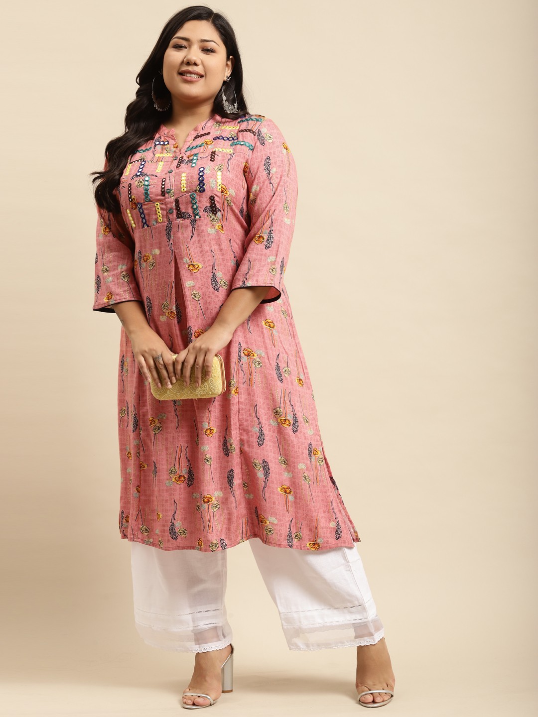 

RANGMAYEE Plus Women Pink Floral Printed Mirror Work Liva A-Line Kurta