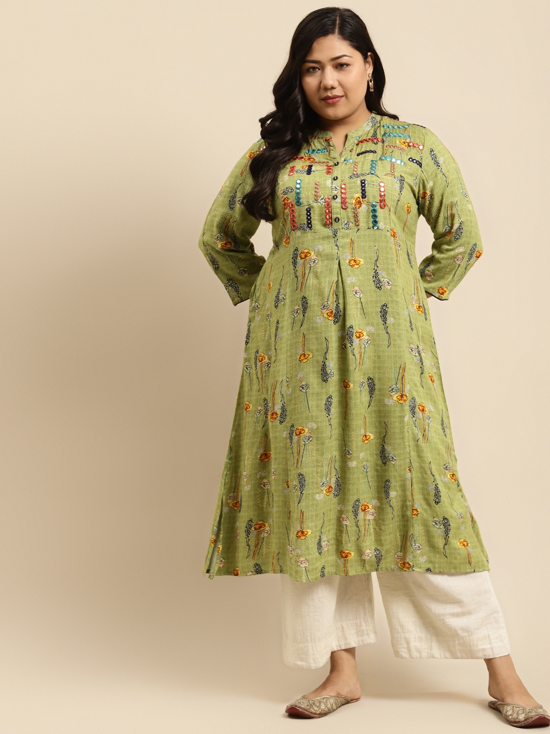 

RANGMAYEE Women Green & Blue Floral Printed Mirror Work Floral Liva Kurta