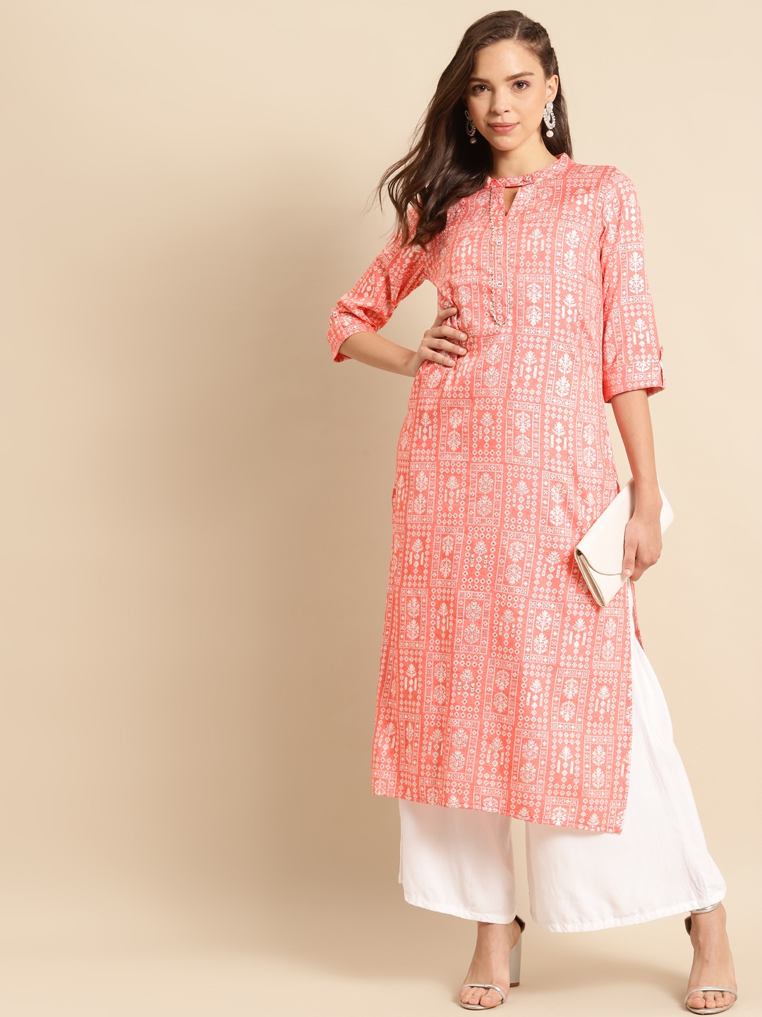 

RANGMAYEE Women Pink & White Ethnic Motifs Printed Liva Kurta