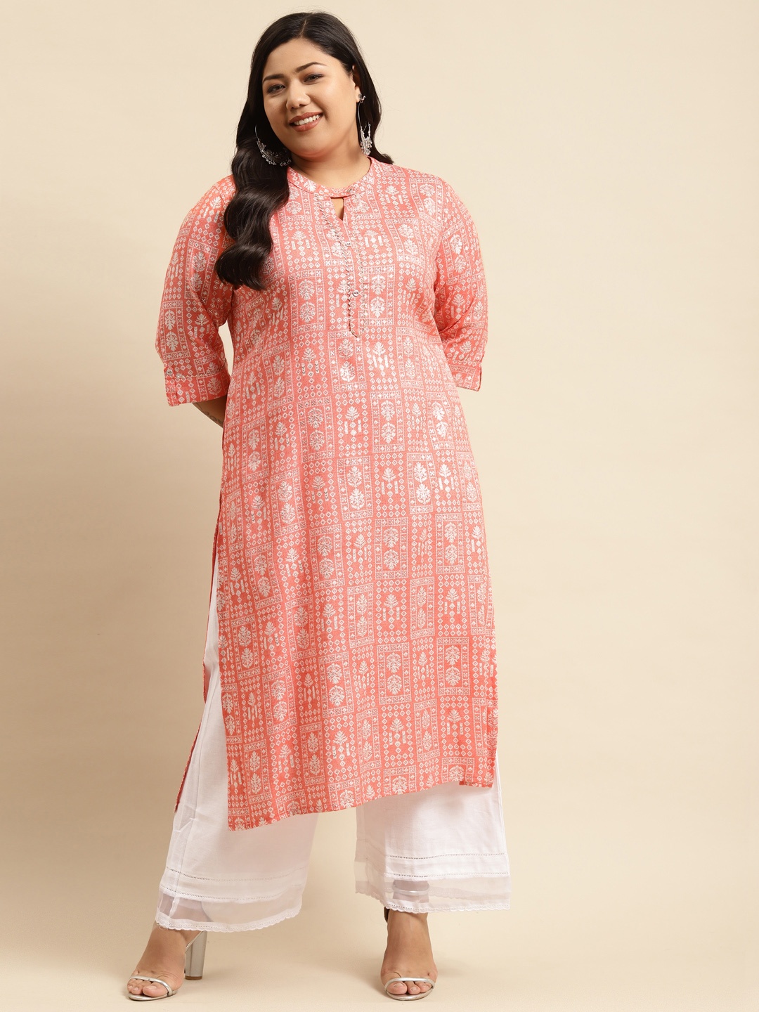 

RANGMAYEE Women Pink & White Floral Printed Indie Prints Liva Kurta