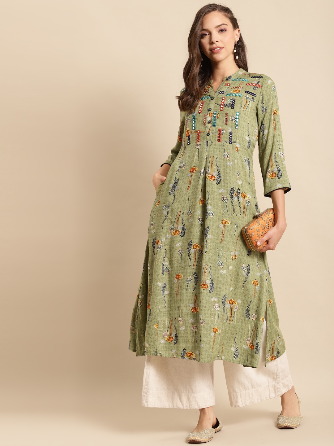 RANGMAYEE Women Green & Blue Floral Printed Mirror Work Floral Liva Kurta
