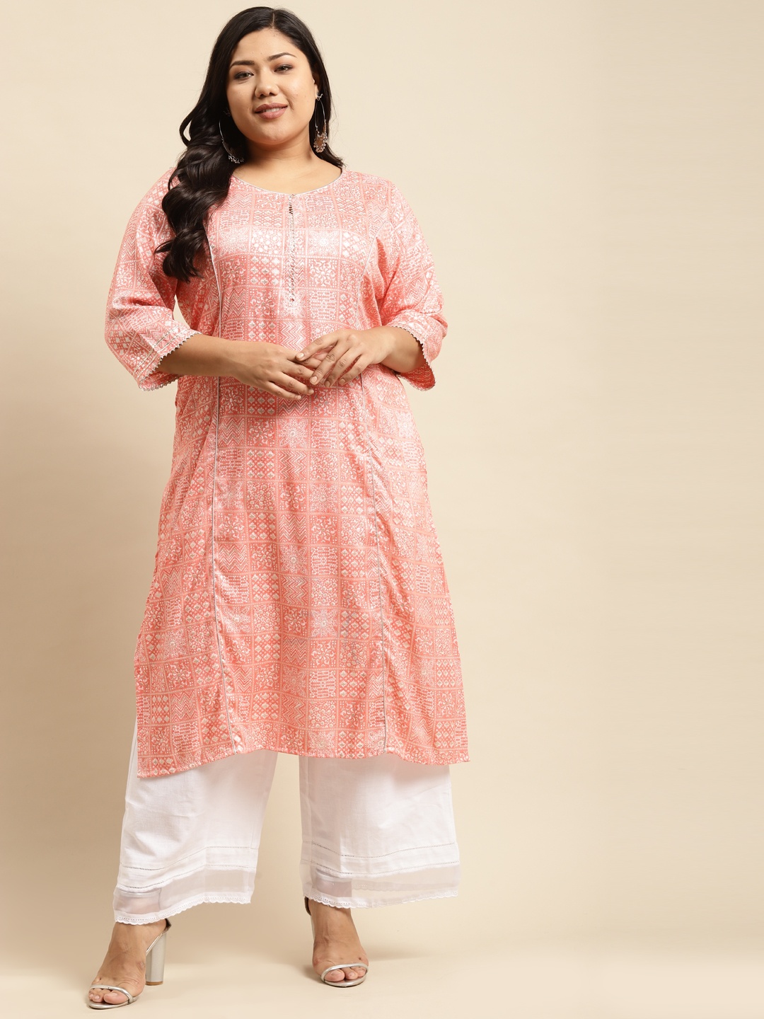 

RANGMAYEE Women Pink & White Floral Printed Gotta Patti Floral Liva Kurta