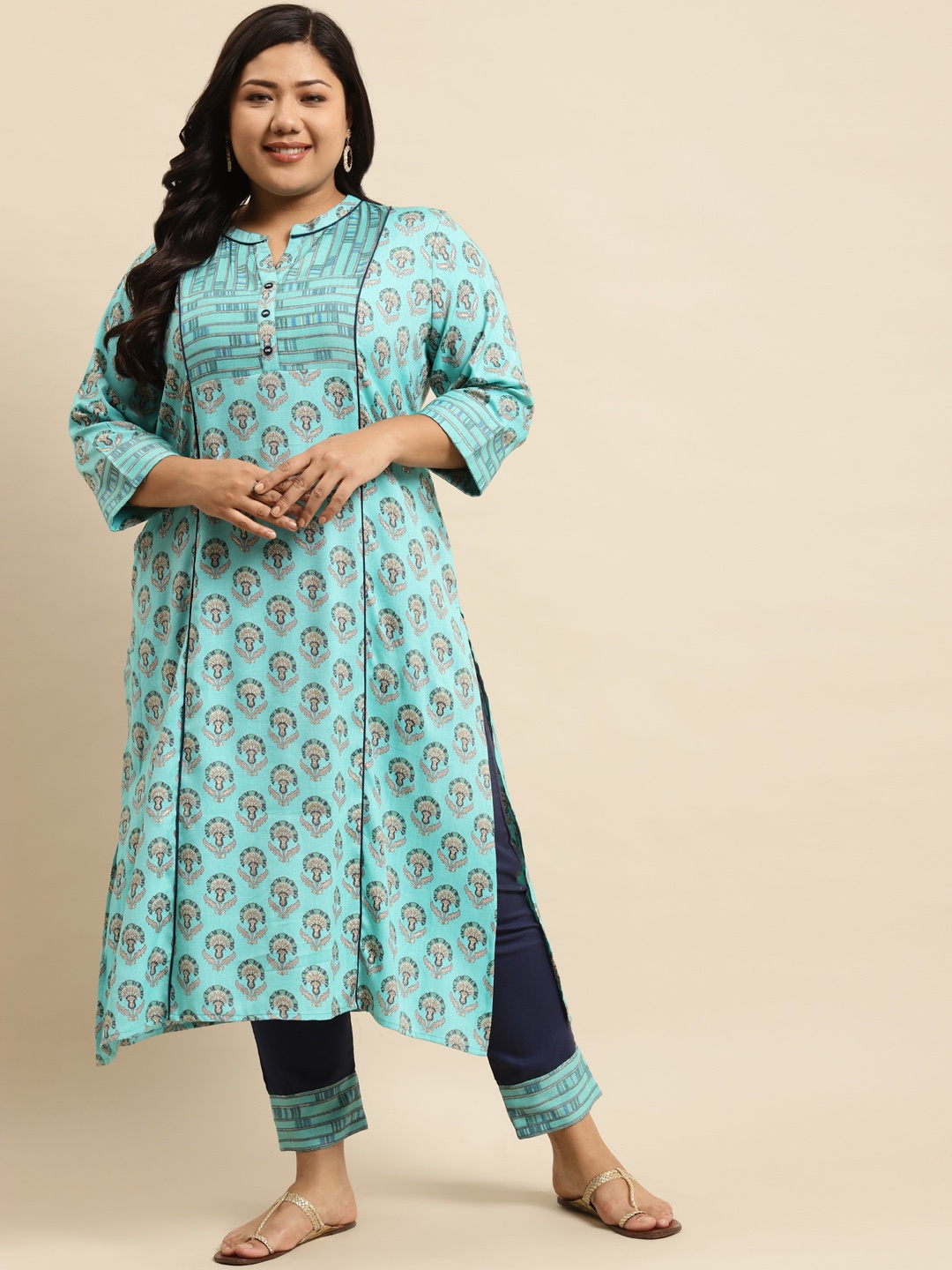 

RANGMAYEE Women Turquoise Blue Floral Printed Regular Liva Kurta with Palazzos