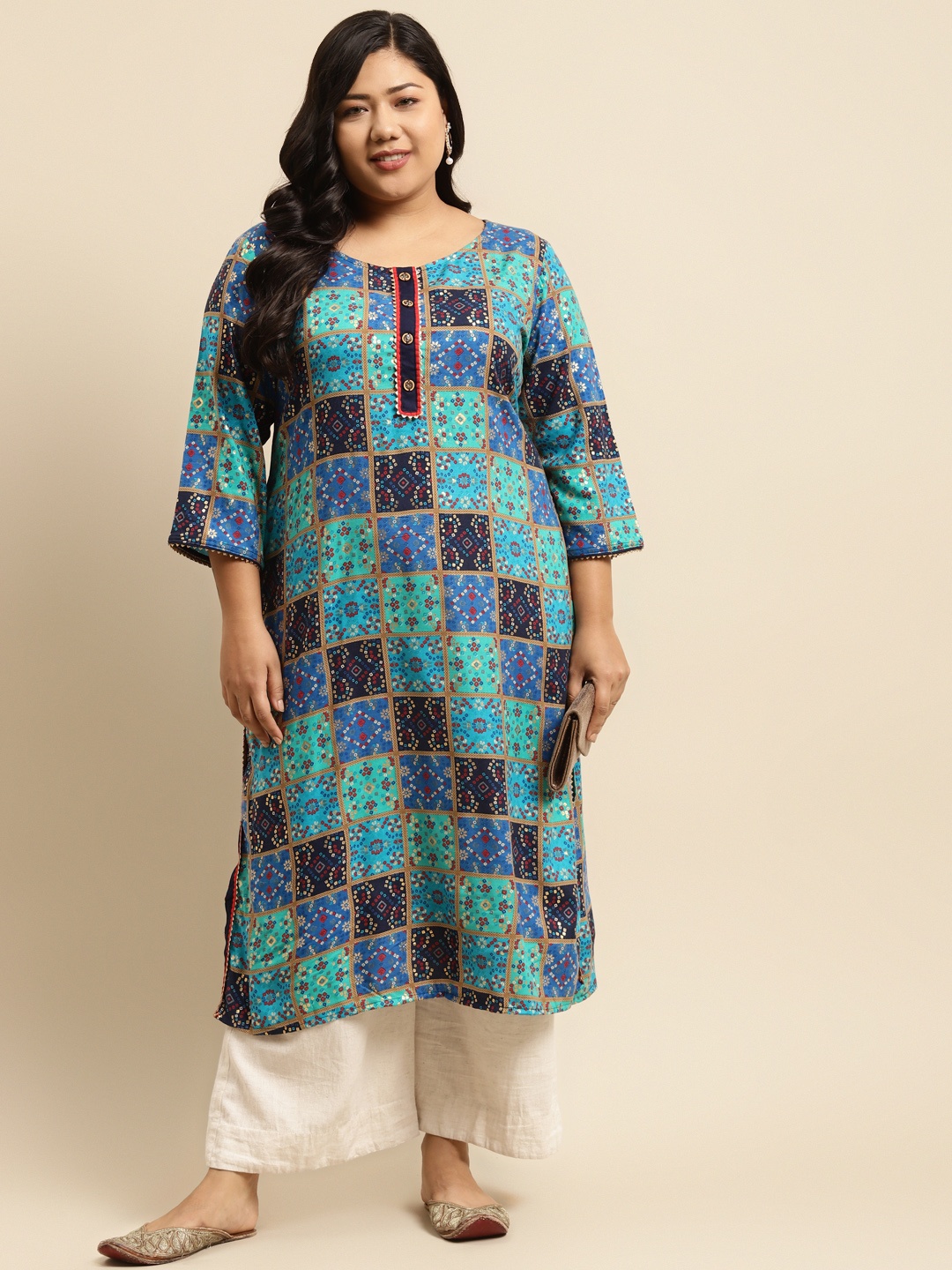 

RANGMAYEE Women Blue Bandhani Printed Gotta Patti Liva Straight Kurta