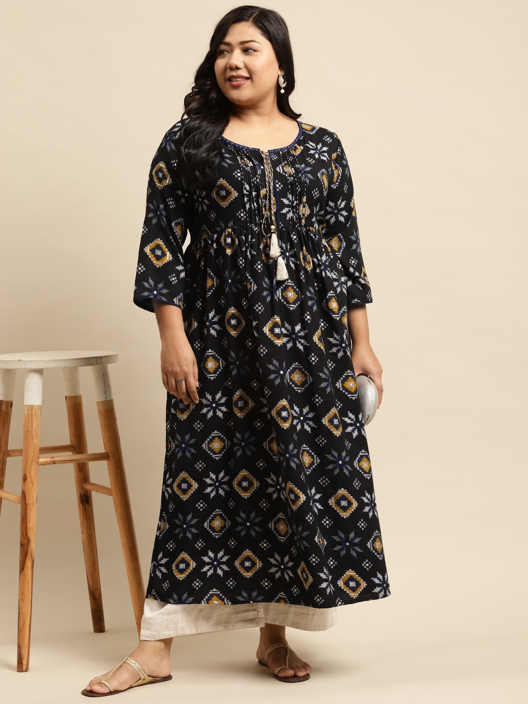

RANGMAYEE Plus Women Black Ethnic Motifs Thread Work Liva Tiered A-line Kurta