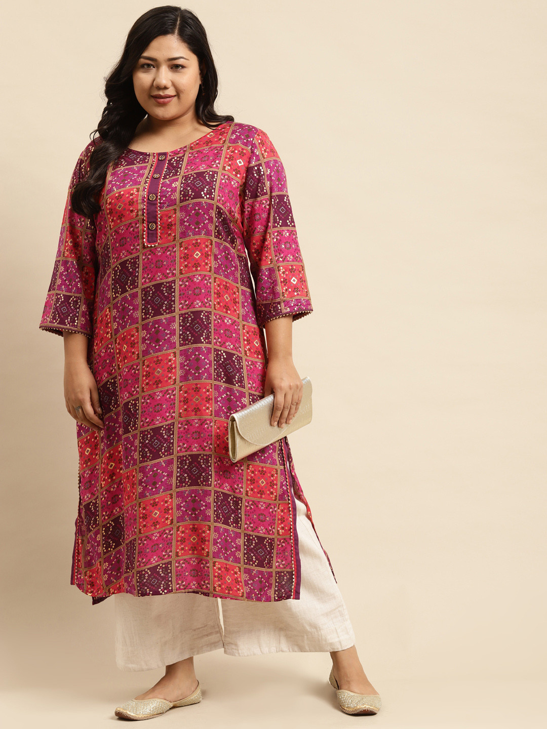 

RANGMAYEE Women Pink & Purple Bandhani Printed Gotta Patti Indie Prints Liva Kurta