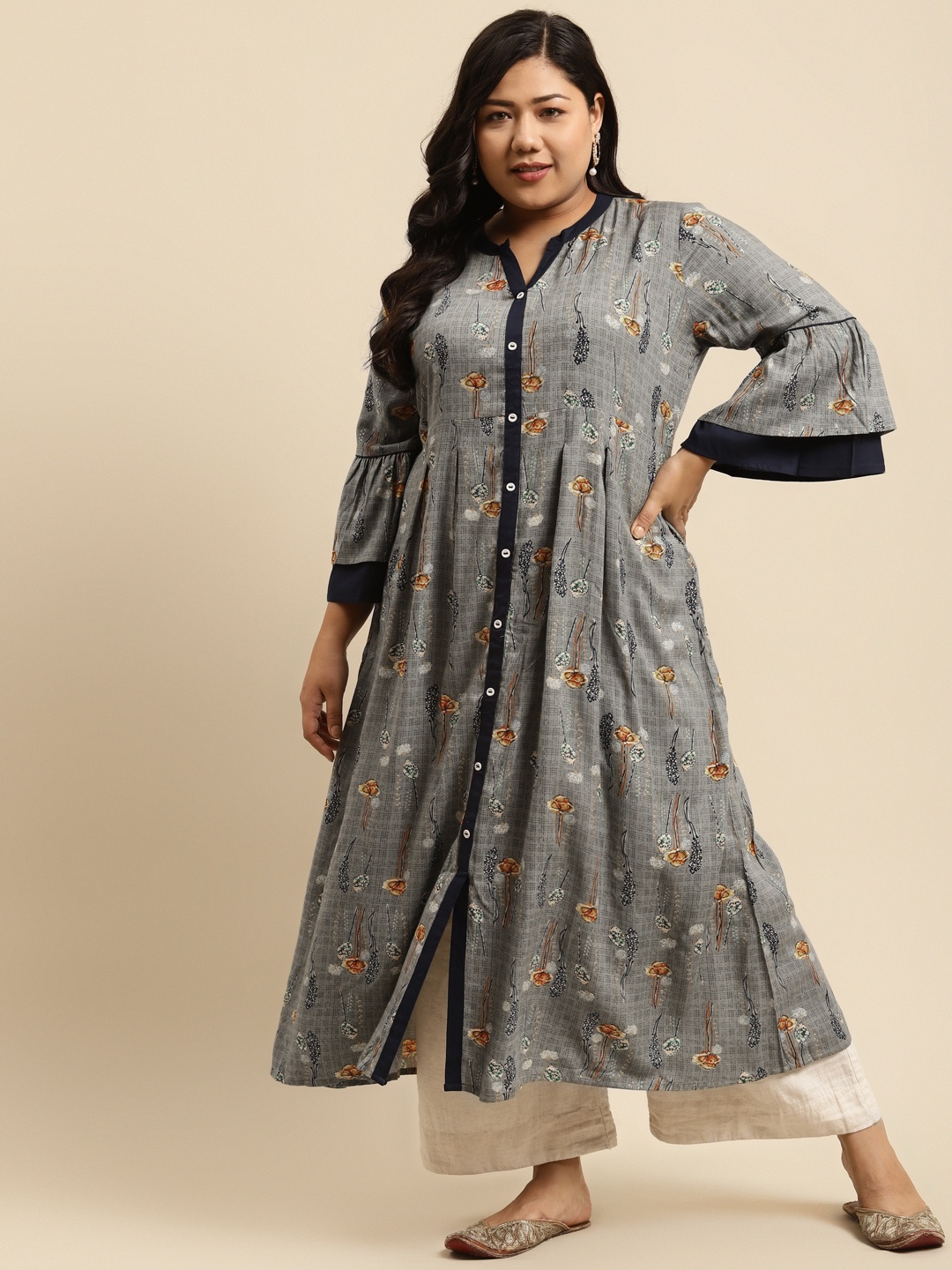 

RANGMAYEE Women Grey Floral Printed Bell Sleeves Liva A-Line Kurta