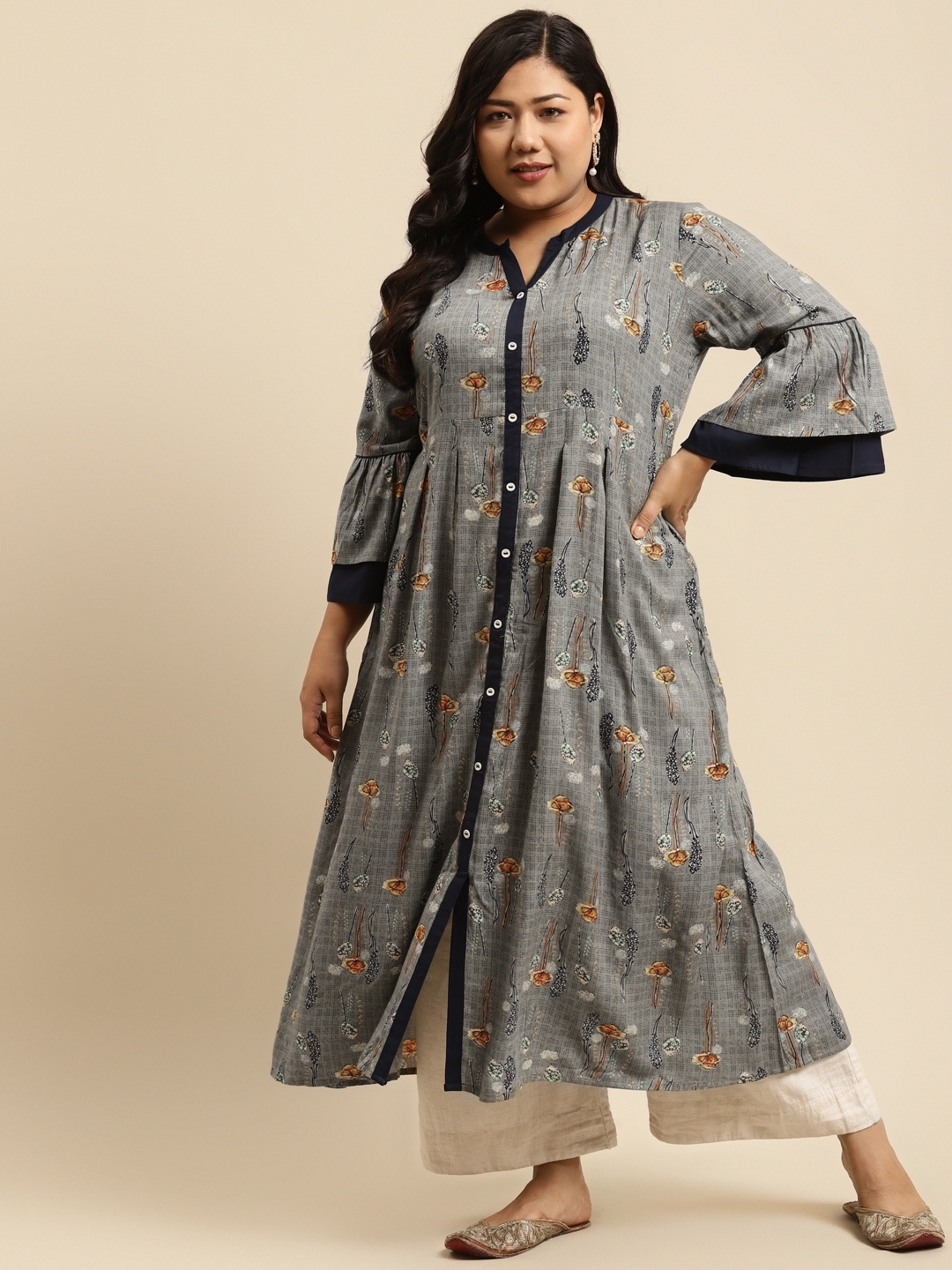 

RANGMAYEE Women Grey & Blue Floral Printed Bell Sleeves Indie Prints Liva Kurta