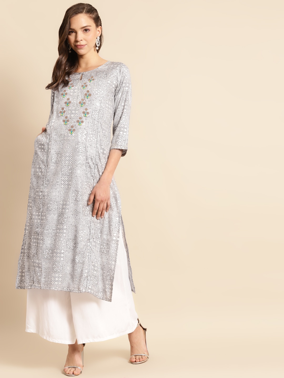 

RANGMAYEE Women Grey & White Ethnic Motifs Printed Gotta Patti Floral Liva Kurta