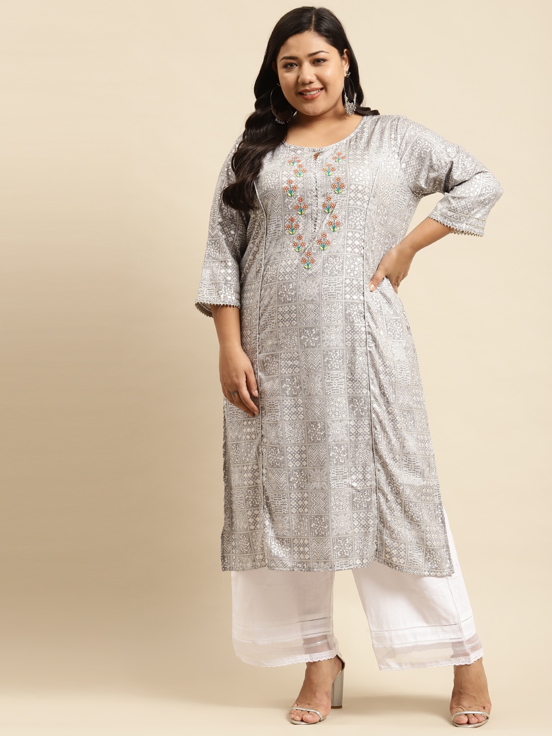 

RANGMAYEE Women Grey & White Floral Printed Gotta Patti Floral Liva Kurta
