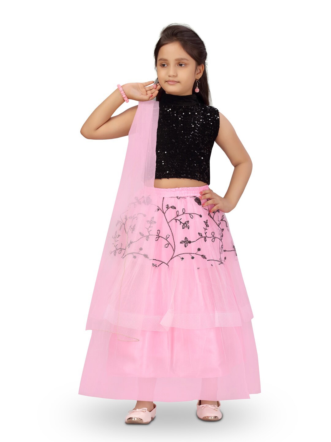 

Aarika Girls Black & Pink Embellished Ready to Wear Lehenga & Blouse With Dupatta
