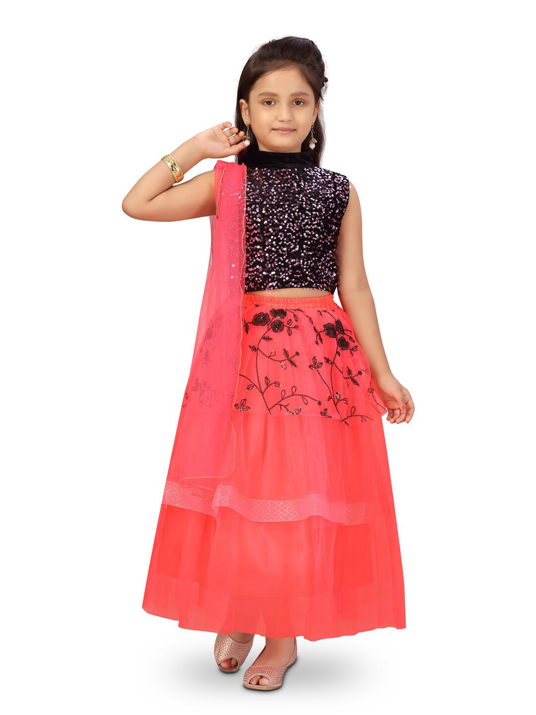 

Aarika Girls Black & Pink Embellished Ready to Wear Lehenga & Blouse With Dupatta
