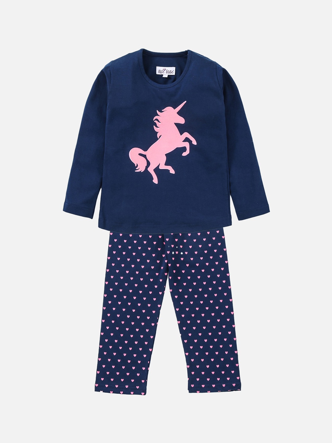 

Nite Flite Girls Navy Blue & Pink Pure Cotton Printed Night suit