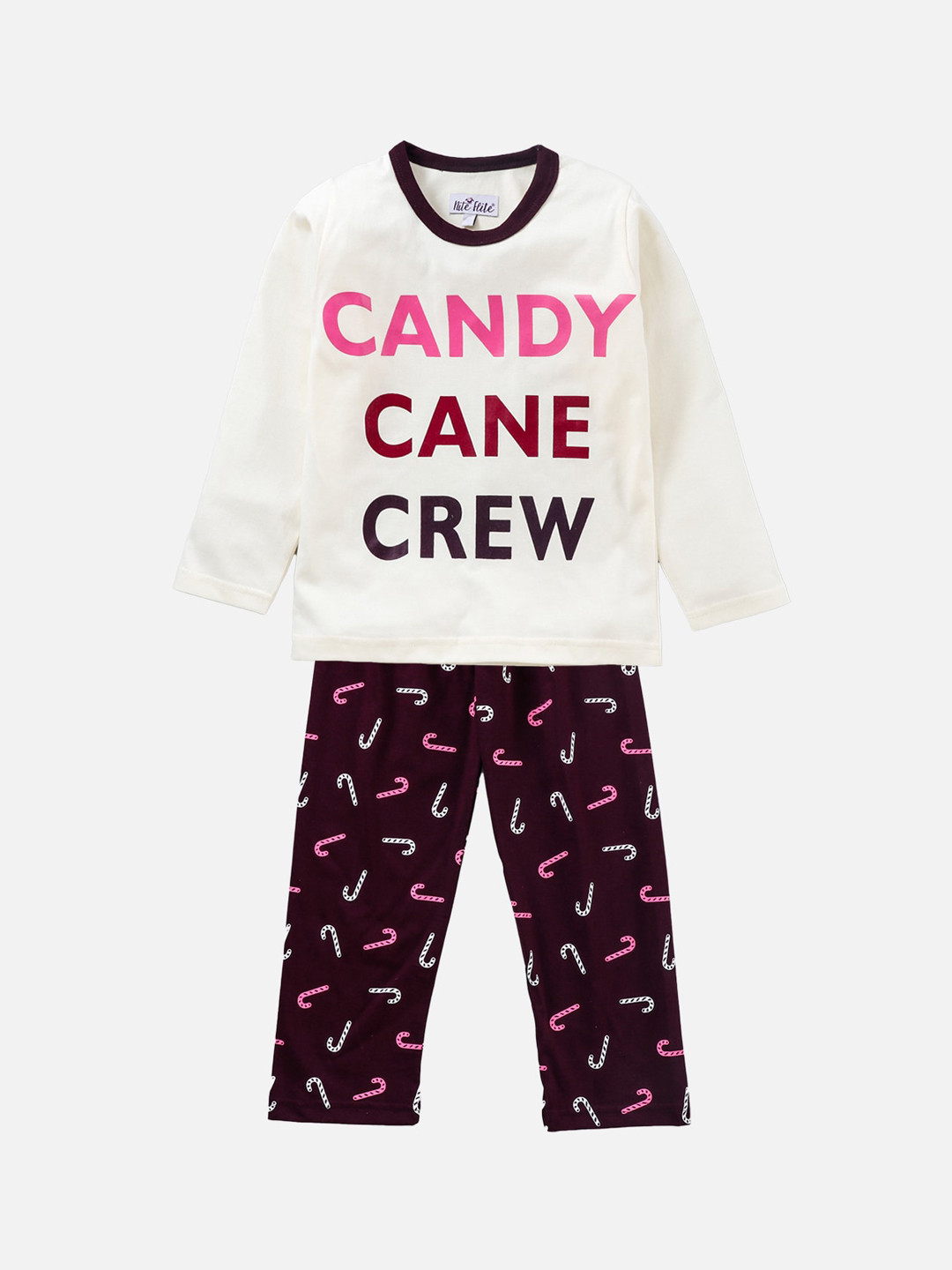 

Nite Flite Unisex Kids White & Burgundy Pure Cotton Printed Night suit