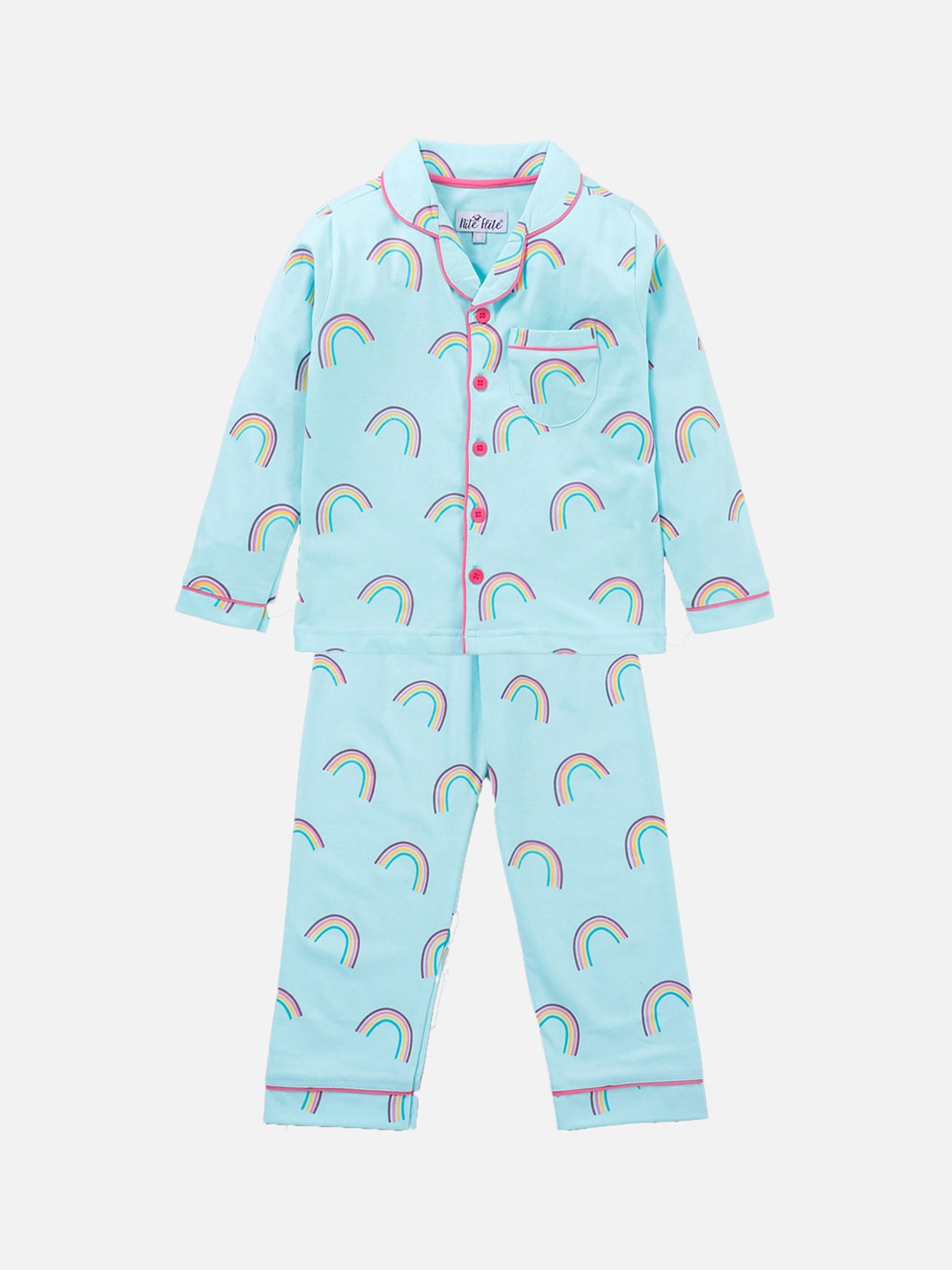 

Nite Flite Girls Blue & Yellow Pure Cotton Printed Night suit
