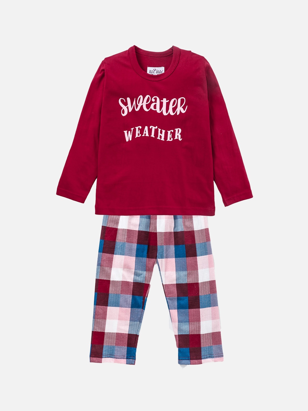 

Nite Flite Unisex Kids Maroon & White Pure Cotton Printed Night suit