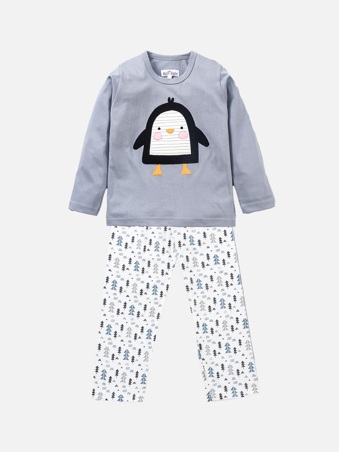 

Nite Flite Unisex Kids Grey & White Pure Cotton Printed Night suit
