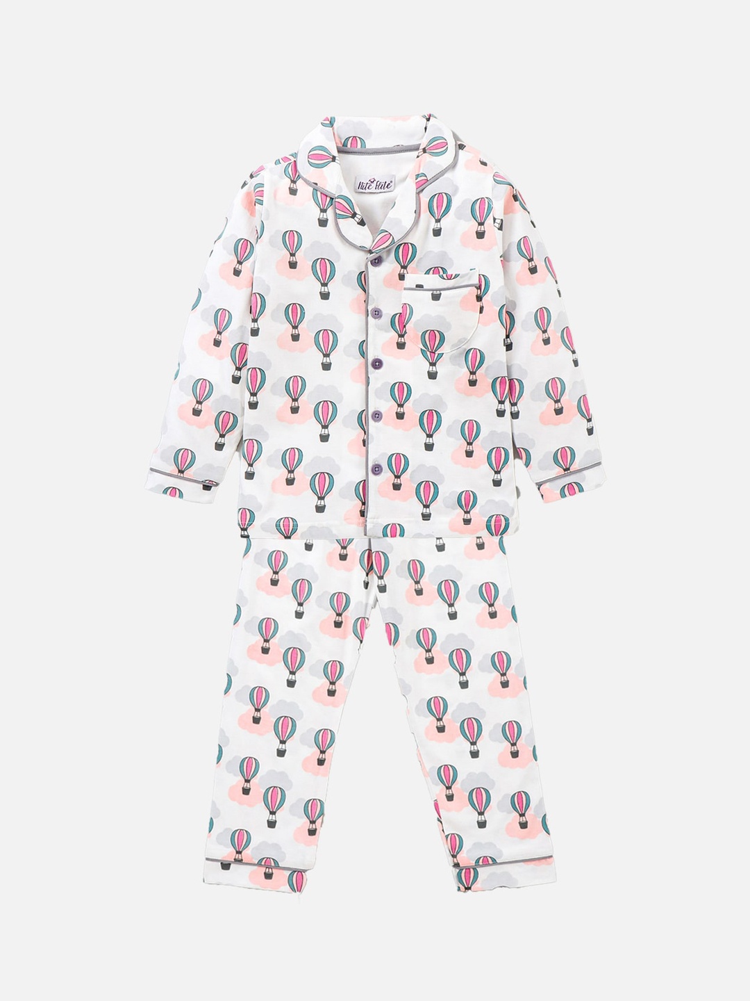 

Nite Flite Unisex Kids Off White & Pink Pure Cotton Printed Night suit