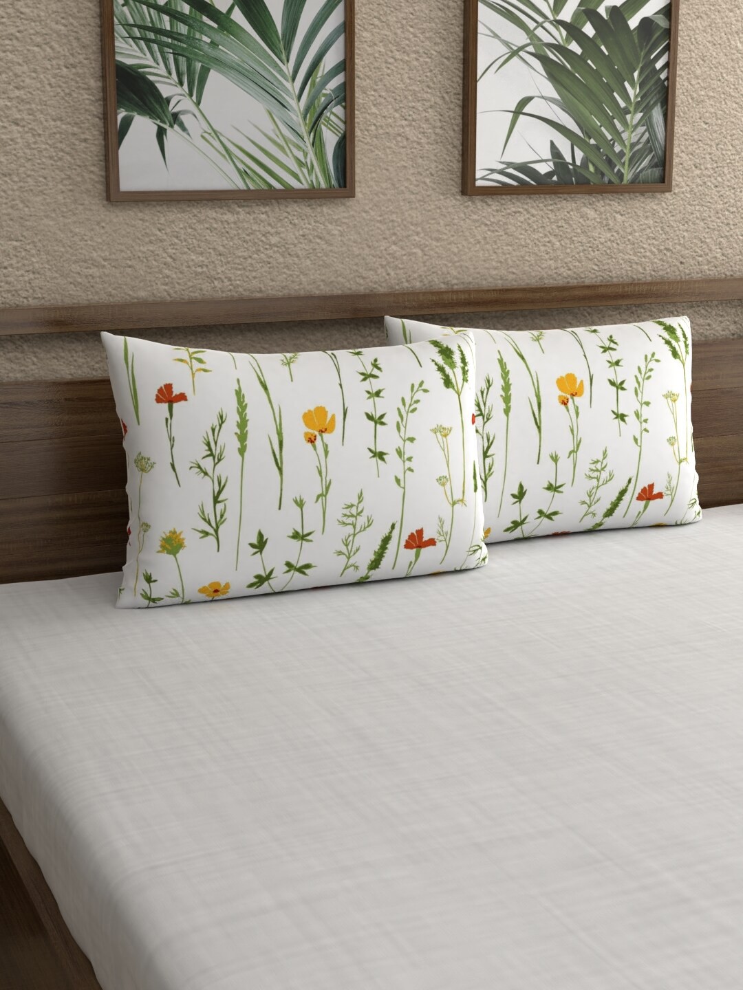 

Home Ecstasy Set Of 2 White & Orange Printed 140 TC Pillow Covers