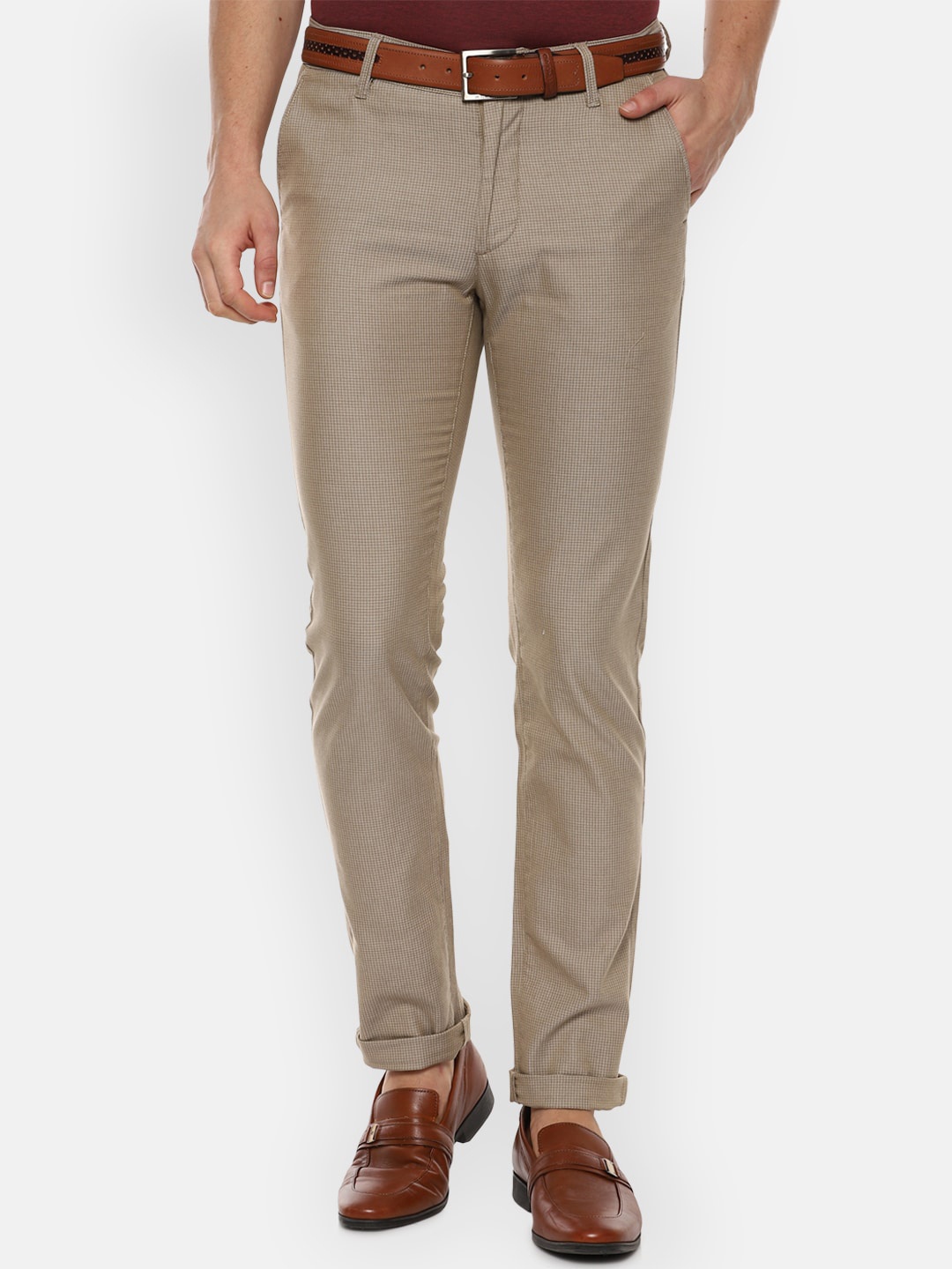 

Van Heusen Sport Men Beige Textured Checked Slim Fit Trousers