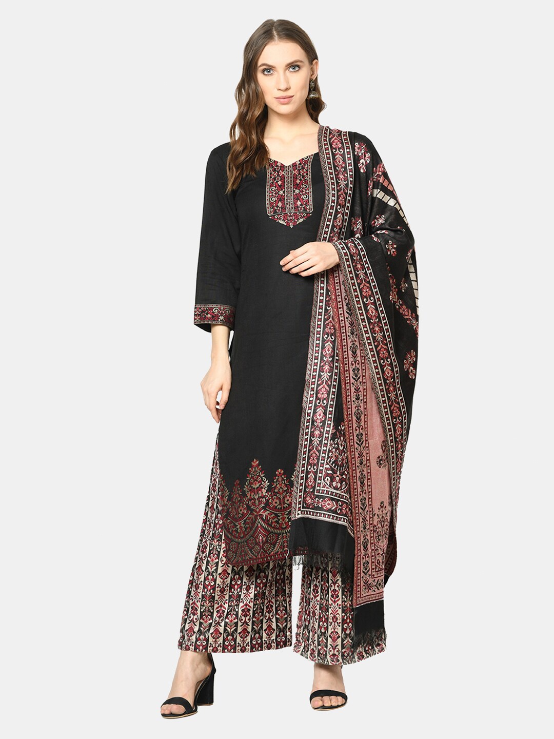 

Safaa Black & Red Woven Design Unstitched Dress Material