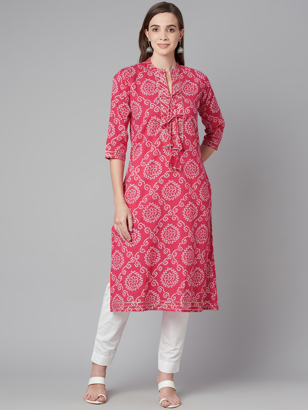 

Divena Women Pink & White Bandhani Printed Gotta Patti Indie Prints Kurta